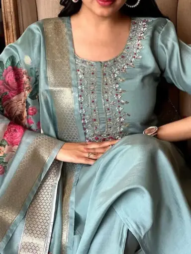 Viscose Silk Embroidered Straight Kurta Set with Pant & Dupatta ,3-Piece Festive Suit Set for Women