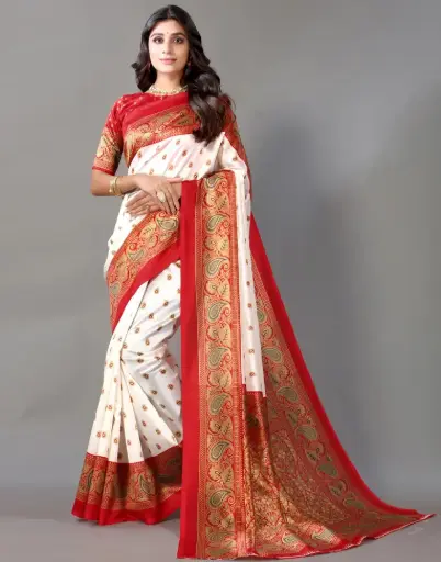 Printed Kanjivaram Art Silk Saree (Red, White) 